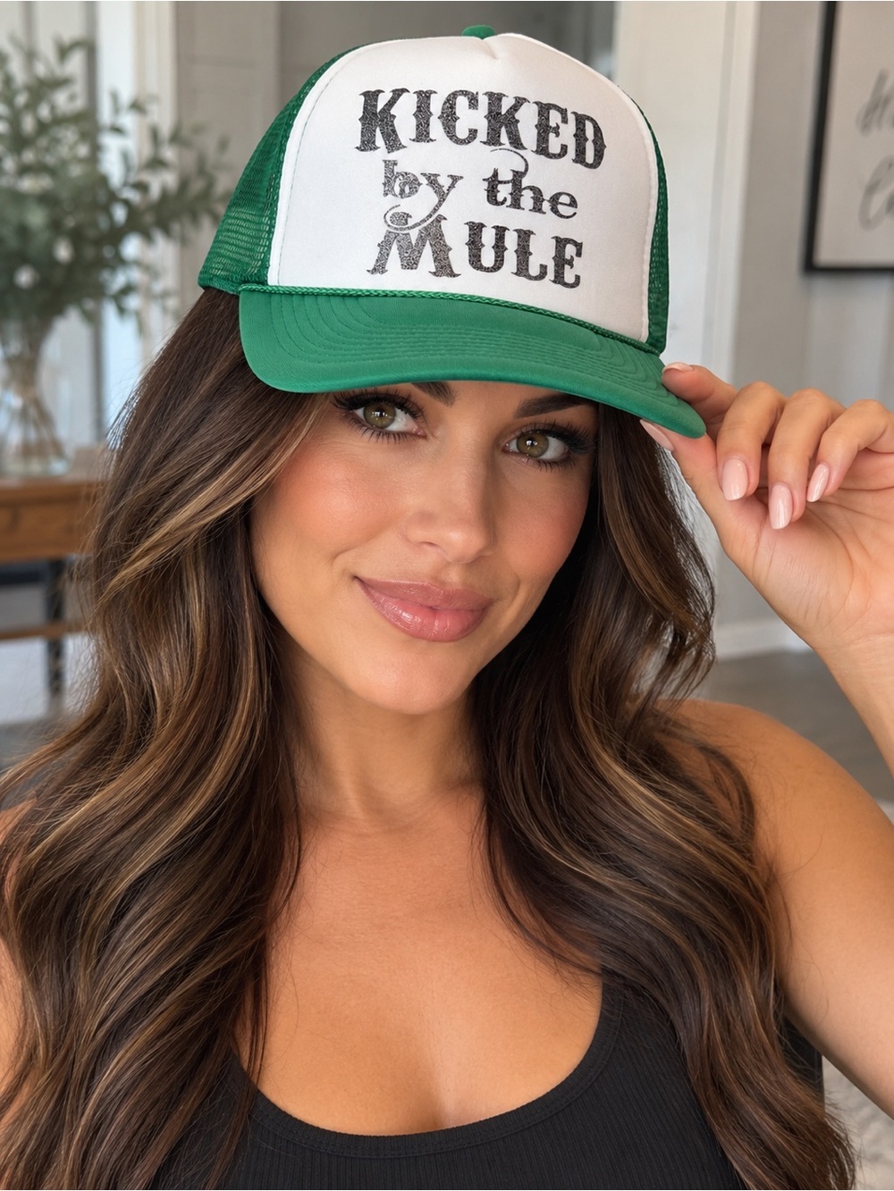 Green and White 'Kicked by the Mule' Women's Trucker Hat
